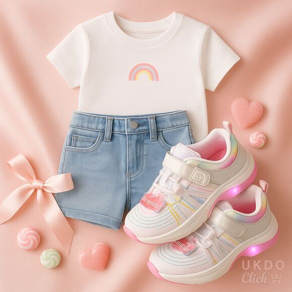 Girls’ Light-Up Rainbow Sneakers witHook & Loop Strap Comfort Sole & Pastel Glow - Picture 2 of 10